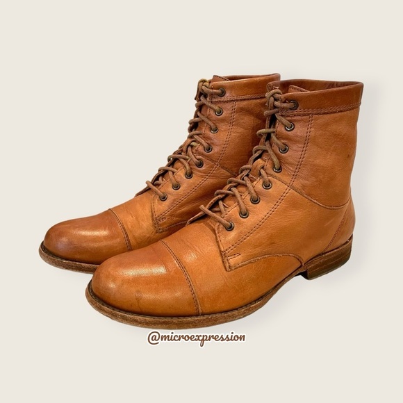 Frye Erin Lug Work Lace Up Combat Cognac Brown Leather Winter Fall Ankle Boot - Picture 12 of 16